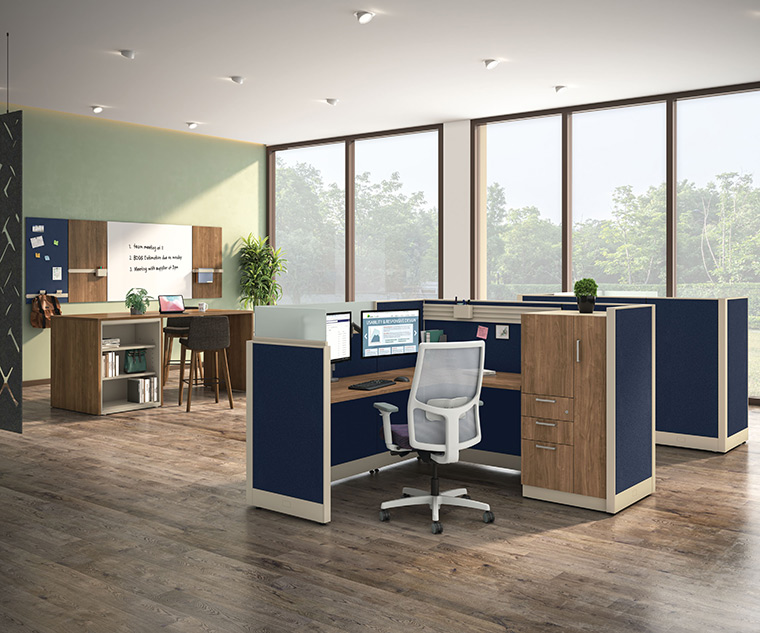 Office Space with blue walls around desks