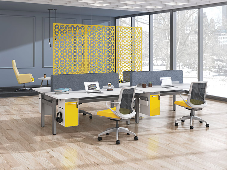 Office space with yellow chairs and walling