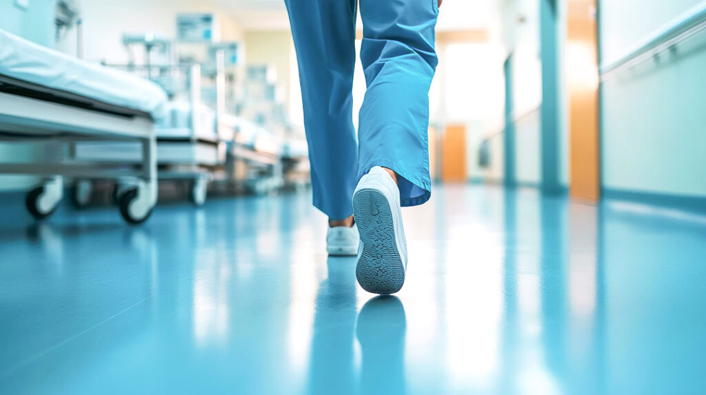 Close up view of medical professional shoes.
