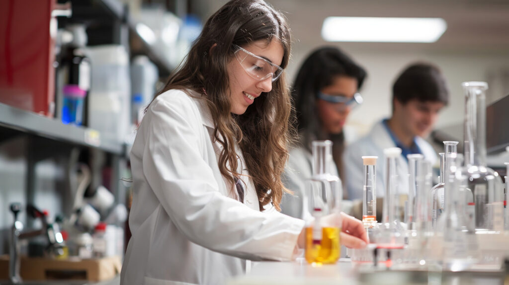 College Student wearing safety goggles and white jacket in chemistry class.