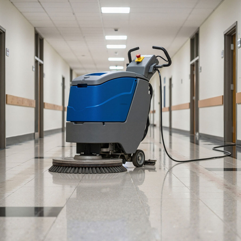 Auto scrubber floor cleaner in the middle of facility hallway.