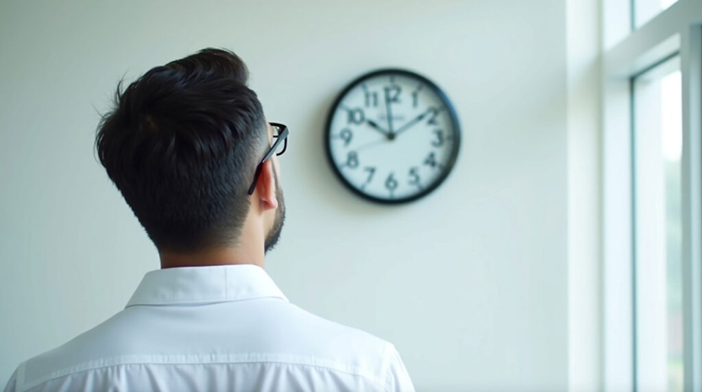 Man in office looking up at the clock on the wall.